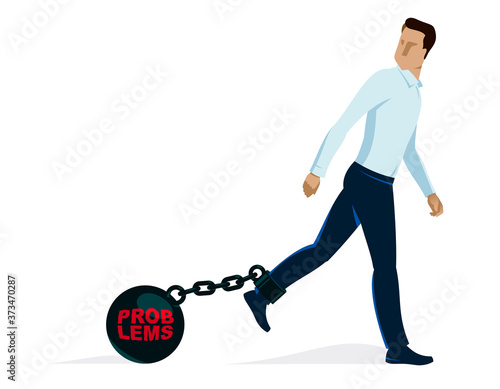 Businessman with weight metal ball on shackles symbolizes debt or problems vector illustration isolated on white, handsome man trying to walk forward but troubles stop him.