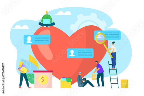 Social charity support near huge heart, care about people vector illustration. Volunteer help by donation service, aid with love concept. Humanitarian assistance for human, donate money.