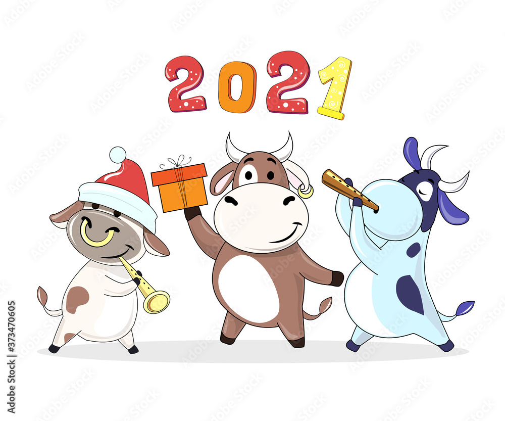 Naklejka premium Three little cows symbol 2021 vector cartoon illustration