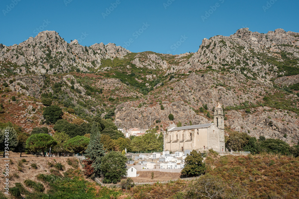 Church and mountains at Canavaggia in Corsica