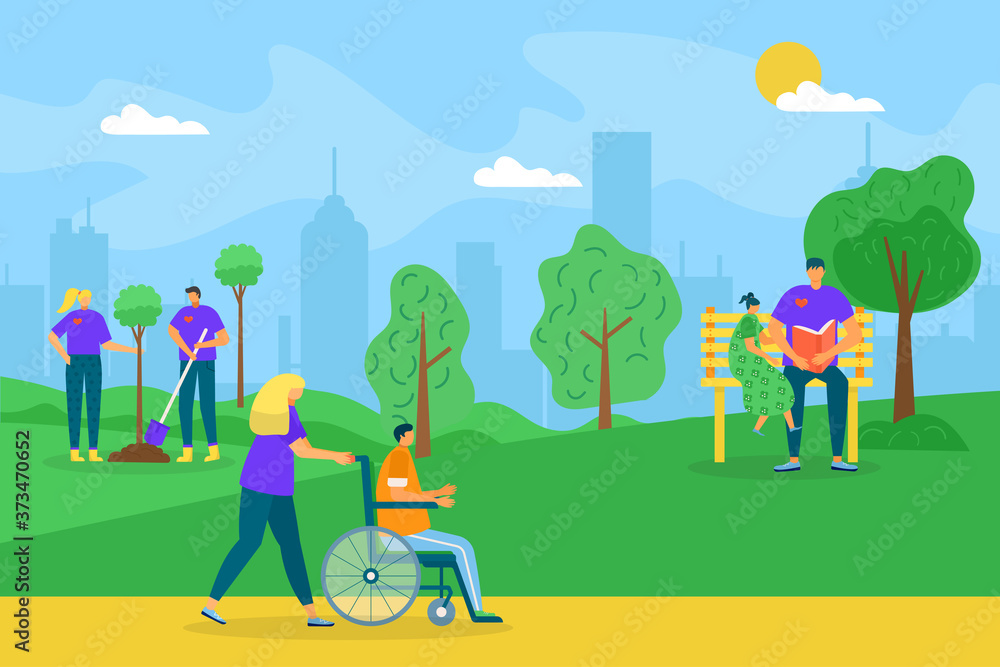 Volunteer work, ecology help vector illustration. Woman man volunteering community in park, person care about environment nature and people. Flat charity group work together concept.