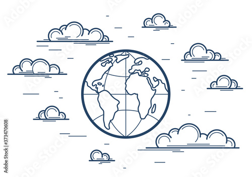 Earth planet in clouds vector linear icon, geography and gps line art symbol.