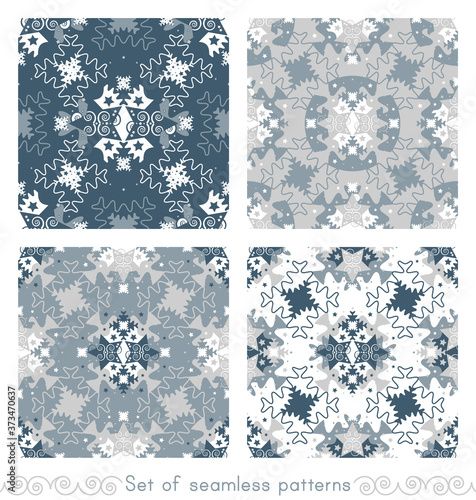 Set of seamless patterns christmas theme. Pattern of stars and puzzle pieces style. Vector illustration.