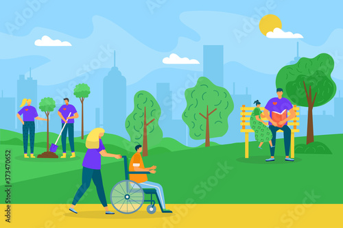 Volunteer work, ecology help vector illustration. Woman man volunteering comm...
