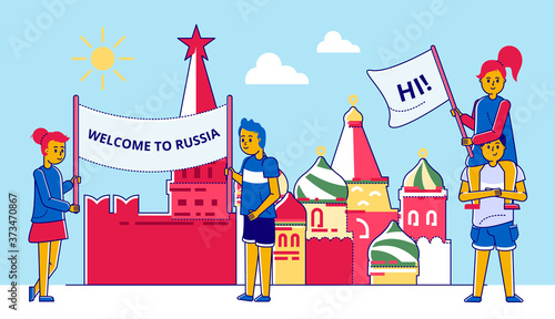 People with poster, russia banner background vector illustration. Woman man with welcome banner, culture traditional summer card. Russian travel near kremlin building, moscow style.