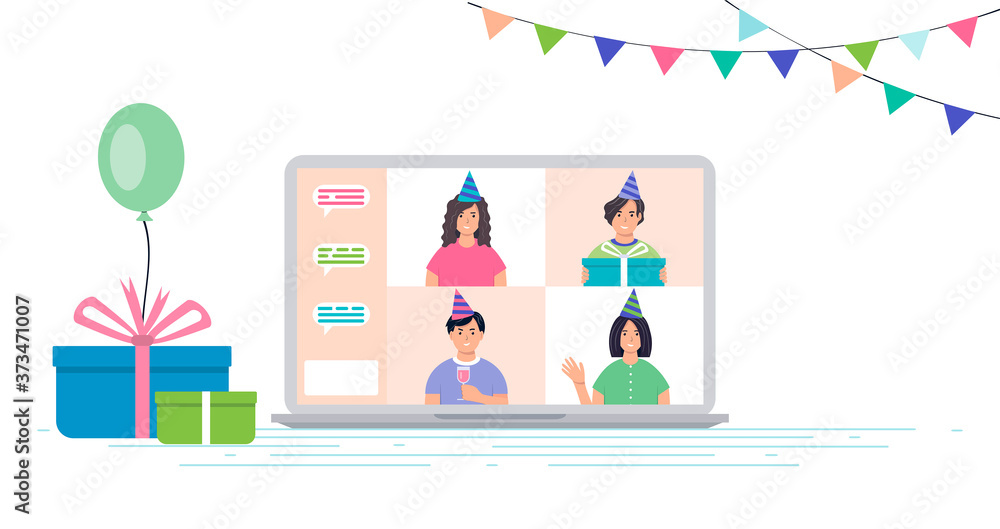 Male and female characters are celebrating their birthday online. A group of characters in a birthday cap on a laptop screen. Online communication concept. Internet party, meeting with friends.