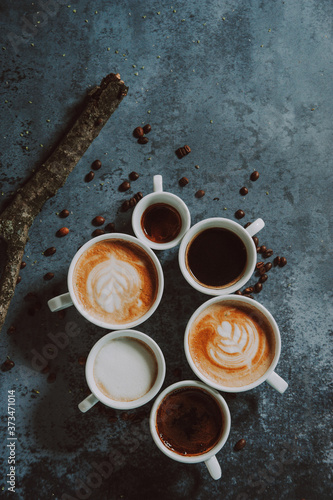 Wallpaper Mural Fresh cappuccino, espresso and turkish coffee mugs. Six coffee mugs shot from above.
 Torontodigital.ca