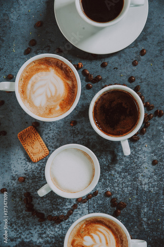 Wallpaper Mural Fresh cappuccino, espresso and turkish coffee mugs. Six coffee mugs shot from above.
 Torontodigital.ca