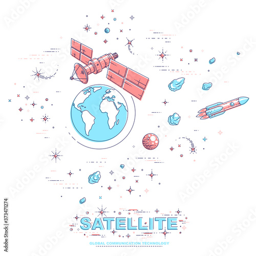 Communication satellite flying orbital spaceflight around earth, spacecraft space station with solar panels and satellite antenna plate, with rockets, stars and other elements. Vector.