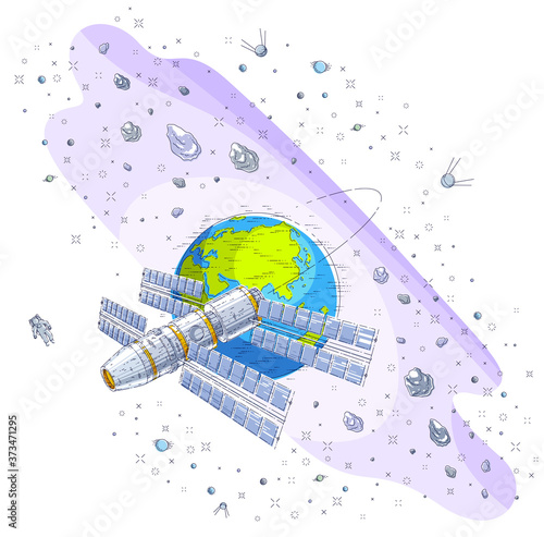 Space station flying orbital spaceflight around earth, spacecraft spaceship iss with solar panels, artificial satellite, under asteroid rain and stars. Thin line 3d vector illustration.