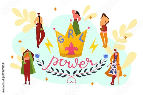 Stylish woman group, girl power together vector illustration. Young female people in trendy feminism way, flat style. Happy feminist character design. Cute person strong activist friendship.