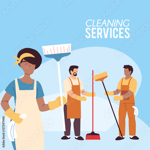 woman and men with brooms and apron in cleaning service