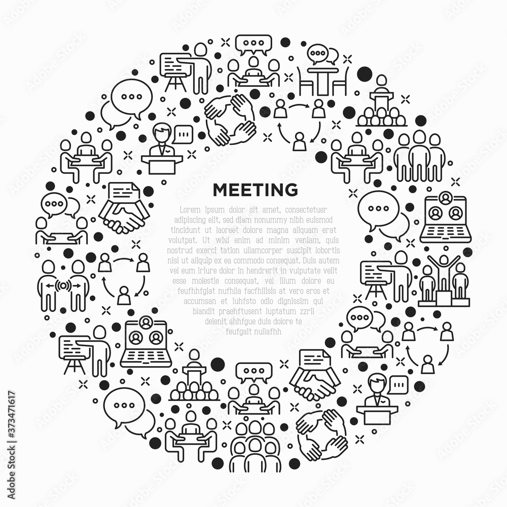 Meeting concept in circle with thin line icons: speaker, communication, collaboration, teamwork, brainstorm, online meeting, conference, presenter, business agreement, interview. Vector illustration.