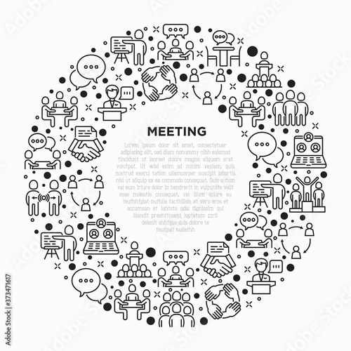 Meeting concept in circle with thin line icons: speaker, communication, collaboration, teamwork, brainstorm, online meeting, conference, presenter, business agreement, interview. Vector illustration.