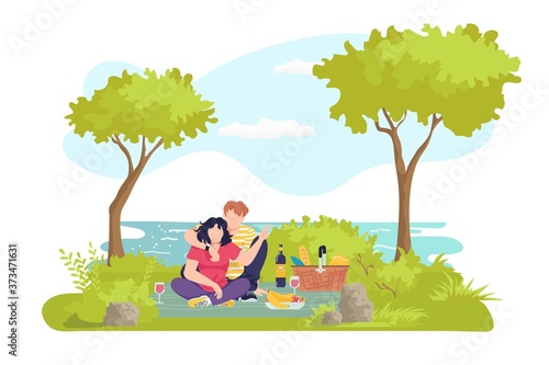 Picnic at summer nature, man woman in love vector illustration. Couple at par...