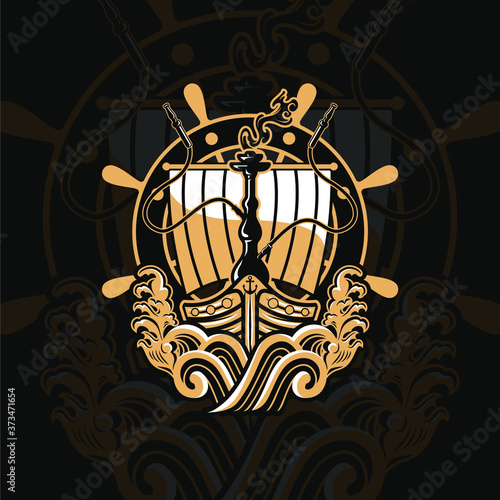 Ancient Viking Vessel And Shisha Logo Illustration, persian, kalian, copy space, dark, hookah pipe, glass, fog, white, element, arab, floral, steam, fruit tobacco