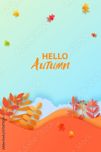 Autumn leaves wavy background in paper cut style. Vector 3d illustration of different color leaf, with realistic shadow. Cut out of cardboards elements, decoration of autumn holiday on blue background