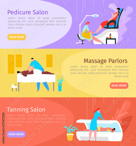 Salon web banners vector illustration. Advertising page cosmetology service. Pedicure, massage treatments and solarium, beauty business concept. Professional makeup and skin care procedure.