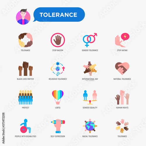 Tolerance flat icons set: stop racism, gender equality, black lives matter, protest, human rights, LGBTQ, globalization, self-expression, stop hating. Vector illustration.