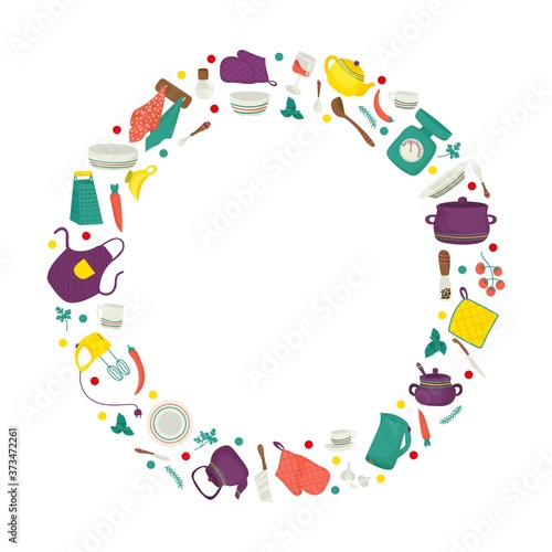 Kitchen utensil vector illustration. Kitchenware ooking. Household set dishes, cutlery, metal saucepan, mixer. Equipment and restaurant chef tools banner. Culinary flatware collection.