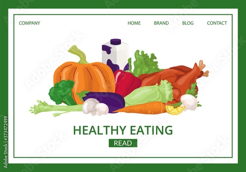 Healthy food landing vector illustration. Organic eating website page. Fresh vegetables and fruits products for vegetarians. Diet ingredients for ecological lifestyle. Natural menu concept.
