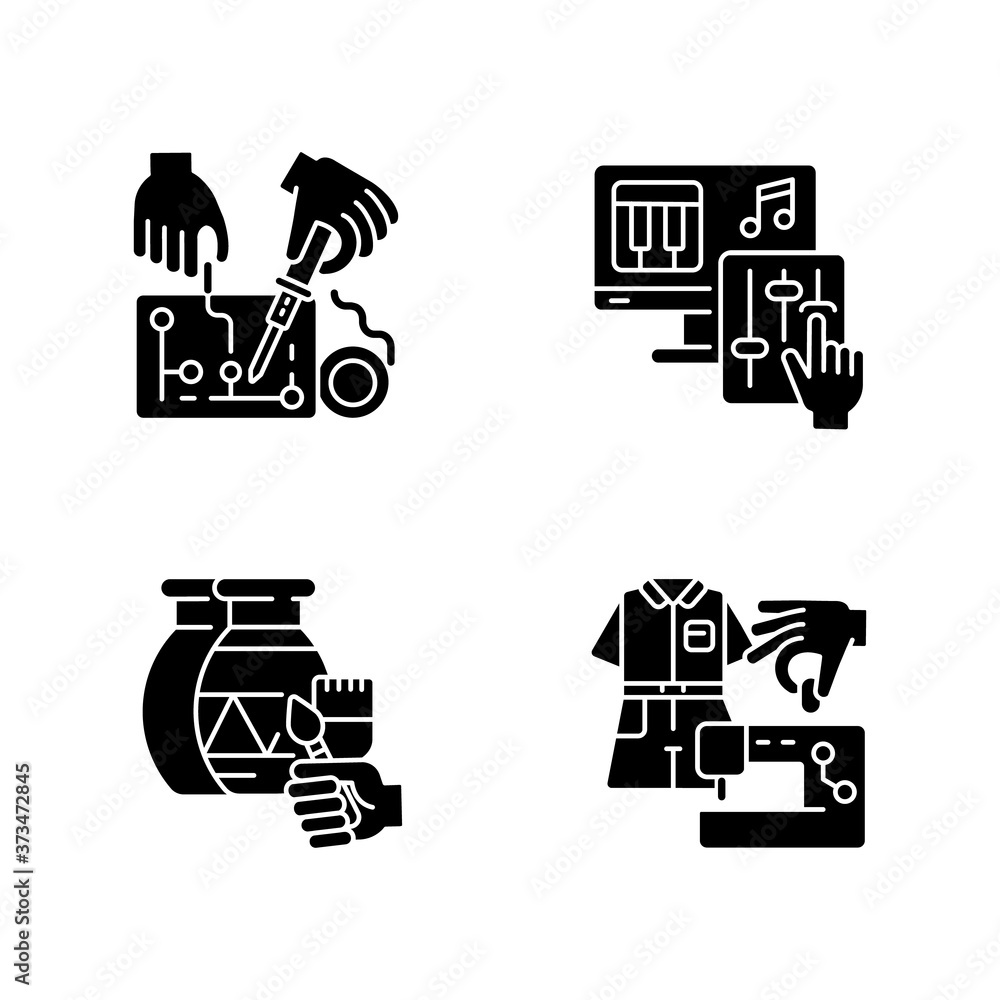 Hobby DIY black glyph icons set on white space. Engineering project. Musical production. Art and craft class. Fashion industry. Clothes production. Silhouette symbols. Vector isolated illustration Hobby DIY black glyph icons set on white space. Engineering project. Musical production. Art and craft class. Fashion industry. Clothes production. Silhouette symbols. Vector isolated illustration