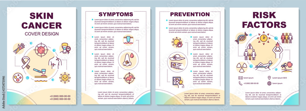 Skin cancer brochure template. Melanoma symptoms and prevention. Flyer, booklet, leaflet print, cover design with linear icons. Vector layouts for magazines, annual reports, advertising posters