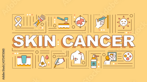 Skin cancer word concepts banner. Melanoma. Basal and squamous cell. Infographics with linear icons on yellow background. Isolated typography. Vector outline RGB color illustration