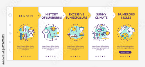 Skin cancer risk factors onboarding vector template. History of sunburns. Excessive sun exposure. Responsive mobile website with icons. Webpage walkthrough step screens. RGB color concept