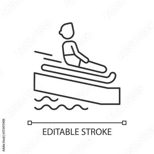Swimming mat linear icon. Waterslide riding rules thin line customizable illustration. Contour symbol. Active recreation. Tourist sliding on mattress vector isolated outline drawing. Editable stroke