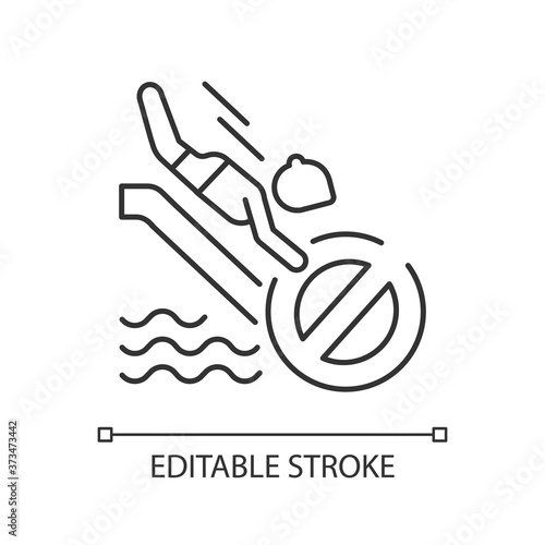 No head down sliding linear icon. Water park security, safety rule for waterslide attractions. Thin line customizable illustration. Contour symbol. Vector isolated outline drawing. Editable strokes