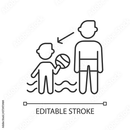Watch your children linear icon. Water park rule, public places behaviour thin line customizable illustration. Contour symbol. Family recreation. Vector isolated outline drawing. Editable stroke