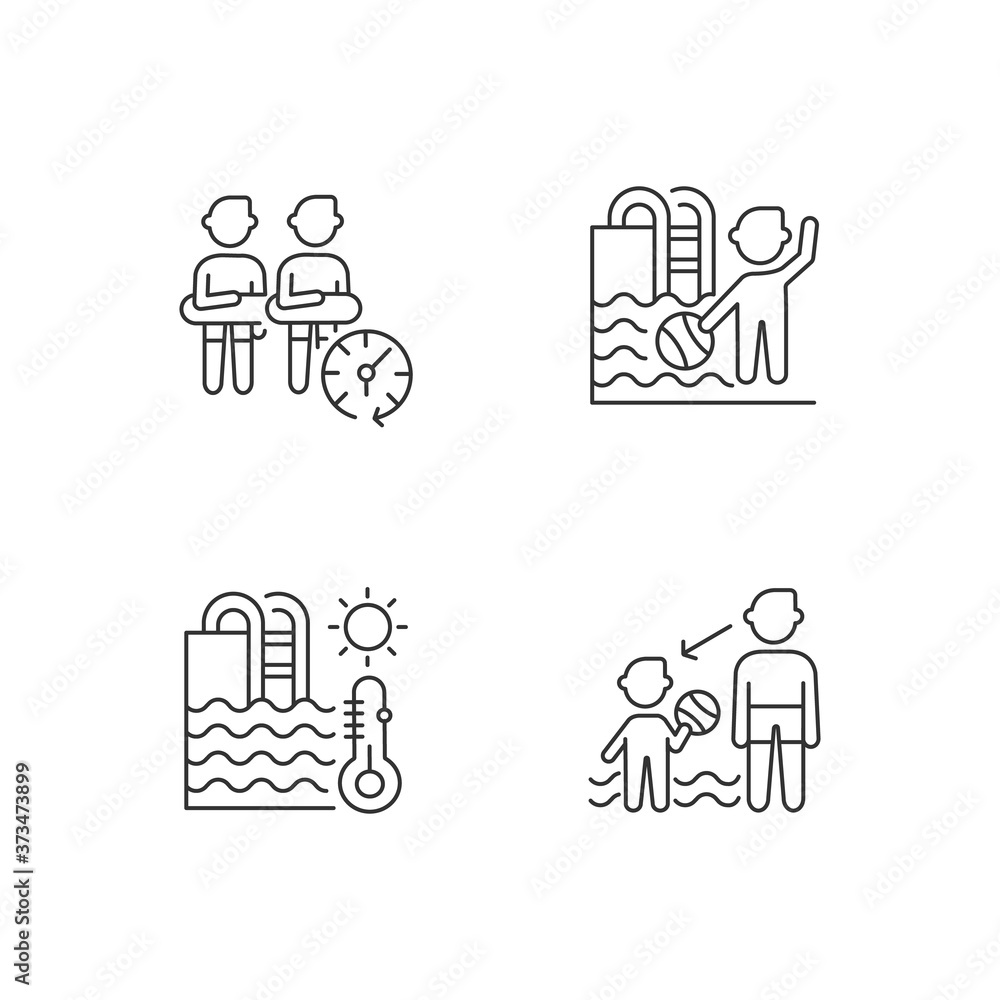 Public swimming pool linear icons set. Aqua park rules, keeping distance and watching children