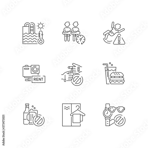 Aqua park linear icons set. Waterpark service and restrictions. Active rest customizable thin line contour symbols. Swimming pool rules. Isolated vector outline illustrations. Editable stroke