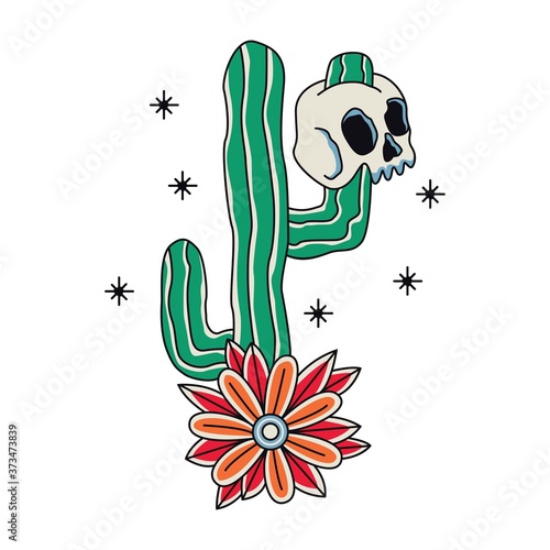 skull and cactus tattoo cartoon design illustration