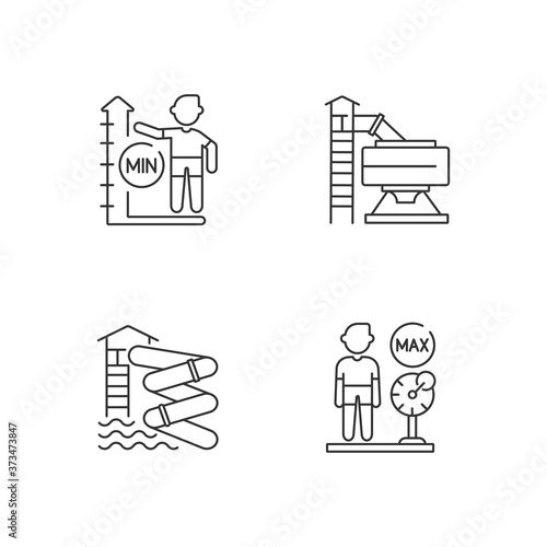 Waterslides with restrictions linear icons set. Aqualoop, bowl slide, weight and height limits customizable thin line contour symbols. Isolated vector outline illustrations. Editable stroke