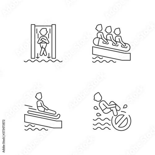 Waterslide types linear icons set. Speed slide, family rafting, swimming mat and no bomb jumping customizable thin line contour symbols. Isolated vector outline illustrations. Editable stroke