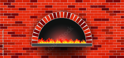 Bakkery wall, oven, bonfire, stove, bakery rolling pin. Wood oven in a 
stone brick wall banner. Firewood oven with shovel Vector food signs.  Pizzeria restaurant (Pizza) or bread shop. Kitchen.