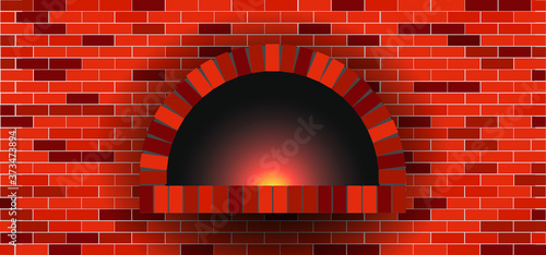 Bakkery wall, oven, bonfire, stove, bakery rolling pin. Wood oven in a 
stone brick wall banner. Firewood oven with shovel Vector food signs.  Pizzeria restaurant (Pizza) or bread shop. Kitchen.