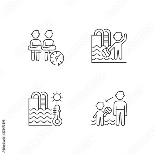 Public swimming pool linear icons set. Aqua park rules, keeping distance and watching children. Kids pool customizable thin line contour symbols. Isolated vector outline illustrations. Editable stroke