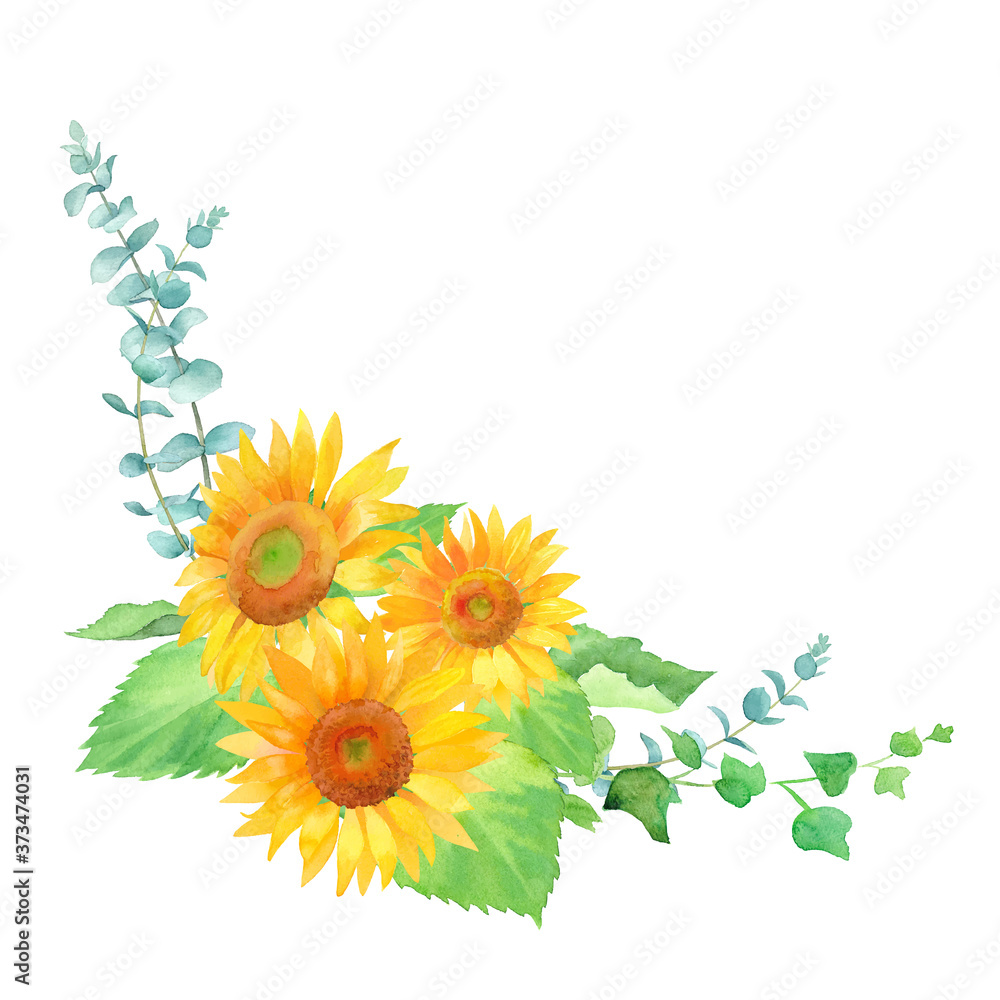 ひまわりとグリーンリーフのフレーム装飾 水彩イラストのトレースベクター レイアウト変更可能 Stock Vector Adobe Stock