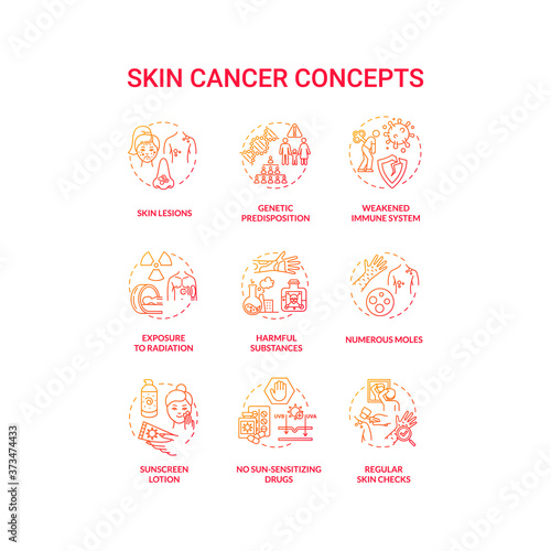 Skin cancer concept icons set. No sun sensitizing drugs. Exposure to radiation. Genetic predisposition. Melanoma idea thin line RGB color illustrations. Vector isolated outline drawings
