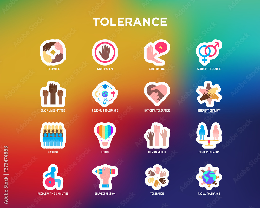 Tolerance flat icons set: stop racism, gender equality, black lives matter, protest, human rights, LGBTQ, globalization, self-expression, stop hating. Vector illustration.