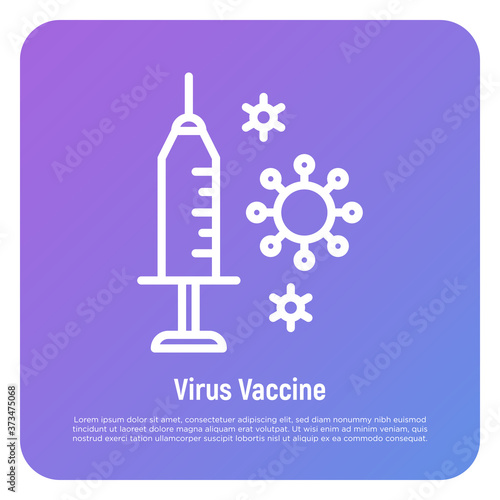 Vaccine thin line icon. Syringe and virus. Medical treatment. Vector illustration.