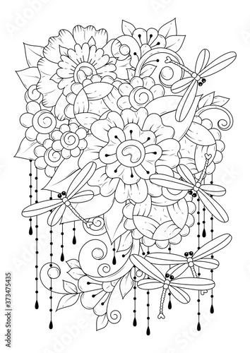 Vertical coloring page for children and adults with flowers and dragonflies. Vector illustration, black-white background.