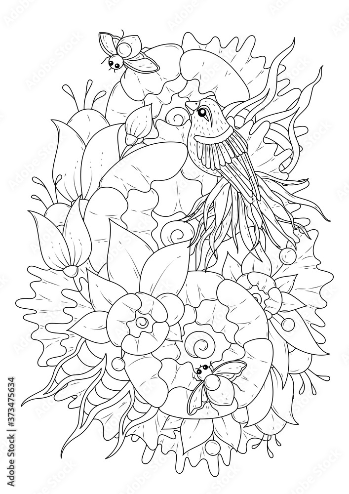 Vertical coloring page with flowers, bird and beetles. Vector illustration, black-white background. Vertical coloring page with flowers, bird and beetles. Vector illustration, black-white background.