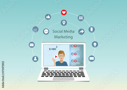 Social media and digital marketing concept. Start up influencer on laptop screen with graphical user interface icons on online social network marketing contents.