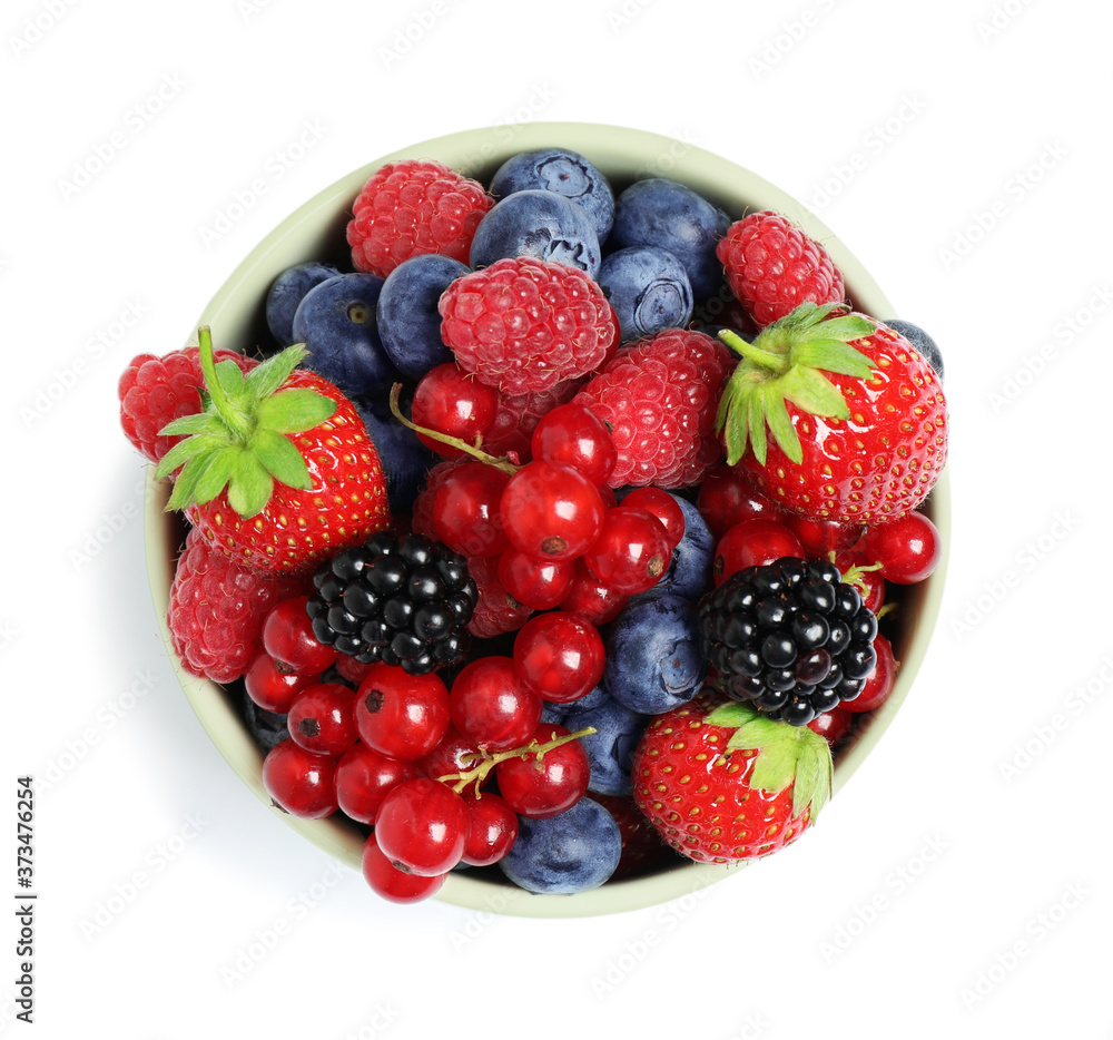 Mix of berries in bowl isolated on white, top view Mix of berries in bowl isolated on white, top view