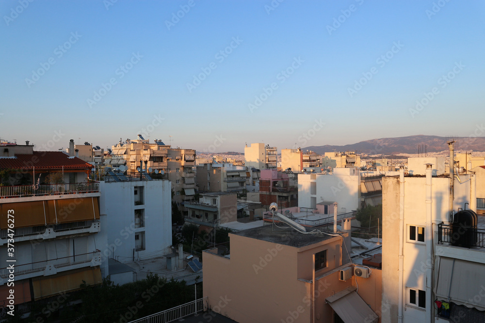 View of Athens Greece from the top of a building in  typical densely populated neighborhood
