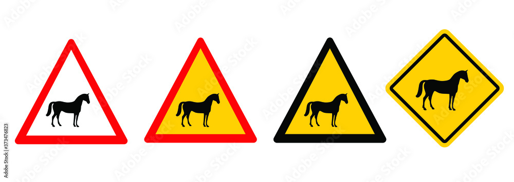 Warning zone, no horse riding. Forbidden sign symbol for situations where horse riding is not allowed. No traffic horses and rider area signs. Anti fox hunting concept. Stop halt allowed, no ban. Warning zone, no horse riding. Forbidden sign symbol for situations where horse riding is not allowed. No traffic horses and rider area signs. Anti fox hunting concept. Stop halt allowed, no ban.